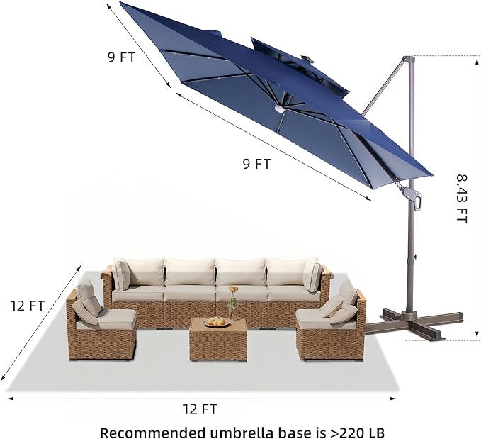 JZAC & QZYD 9x9 FT Outdoor Cantilever Patio Umbrella with Solar LED Lights, Large Heavy Duty 2-Tier Canopy Square Aluminum Offset Umbrellas with 360-Degree Rotation for Pool Deck Backyard, Navy