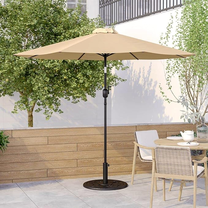 EMMA + OLIVER 9' Tan Outdoor Patio Umbrella With Easy To Use Crank And Tilt Function - Round Patio Table Umbrella with 1.5" Diameter Steel Pole