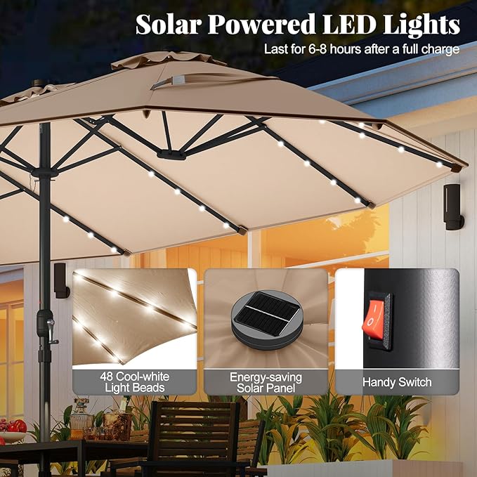 Tangkula 15FT Double-Sided Solar Patio Umbrella, Extra-Large Outdoor Twin Umbrella with 48 LED Lights, Vented Top, Crank Handle, 12 Ribs, Weighted Base Included for Backyard Poolside Deck (Tan)