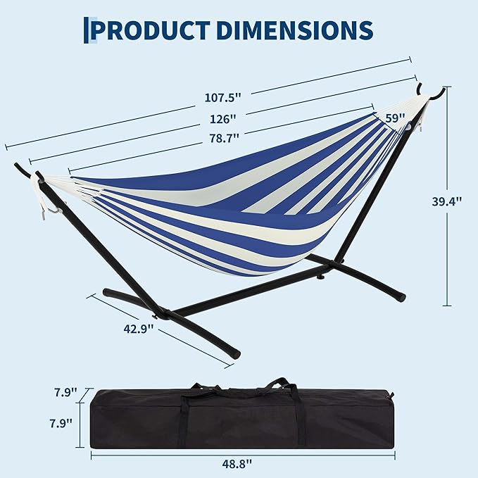 Double Hammock with Stand for Outside, 2 Person Heavy Duty Hammocks for Indoor Outdoor Patio with Carrying Bag, 450 Lbs Capacity, Space Saving Heavy-Duty Steel Stand