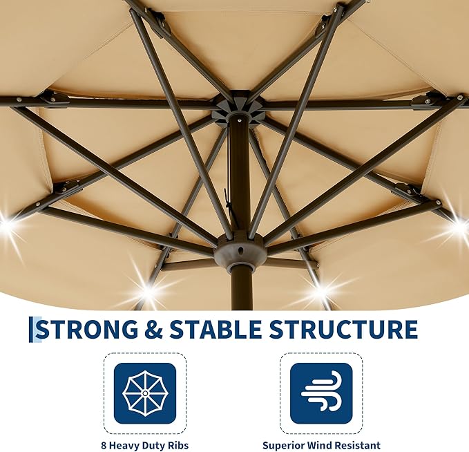 Garvee 9ft 10ft Patio Umbrella with Solar Lights, 3-Tier Umbrella Outdoor Patio with LED Lights, Ventilation, Easy Crank & Tilt, 8 Sturdy Ribs, UV Protection, Large Patio Umbrella for Deck, Pool