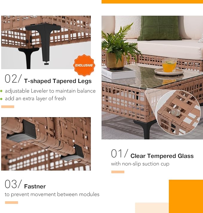 Patiorama 7 Piece Wicker Patio Furniture Set, Natural-Colored PE Rattan Outdoor Conversation Set Sectional Sofa with Water Resistant Cushion and Glass Table, Outdoor Couch, Porch, Backyard-White