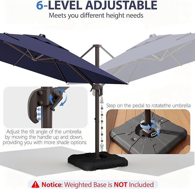 9' X 12' Cantilever Patio Umbrella Rectangle Outdoor Umbrella, 6-Level Tilt & 360° Rotation Offset Umbrella for Garden, Deck, Pool (Navy Blue)