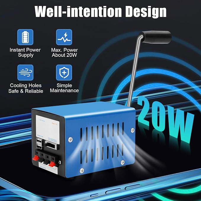 20W Portable Hand Crank Generator, High Power Manual Power Supply Emergency Backup with USB Plug Off Grid Living Supplies for Camping Home