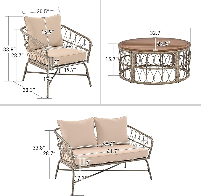 LUMISOL 4 Piece Patio Furniture Set, Outdoor Seating Group with Removable Cushions and a Coffee Table with Wooden Table Top, All Weather Patio Conversation Set for 4 Persons, Beige