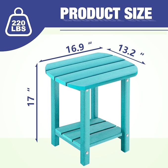 LZRS Patio End Table, Heavy Duty HDPE Outdoor Coffee Table with Wood Texture, Weatherproof Composite Table for Adirondack Chairs, Deck, Pool, Indoor/Outdoor, No Peeling Cracking(Turquoise)