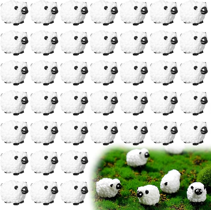 Suzile 50 Pcs Mini Sheep Figurine Miniature Resin Sheep Figurine White Lamb Figure Cute Animal Statue Landscape Little Decor for Spring Summer Outdoor Garden DIY Ornament Cake Topper(Classic Style)