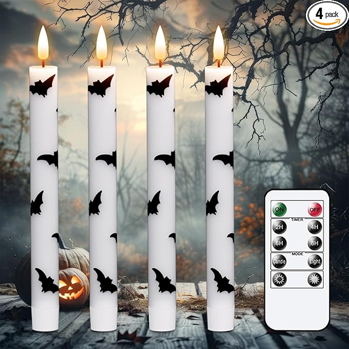 Eldnacele Halloween Flameless Taper Flickering Candles with Remote and Timer, Battery Operated Bats Decal Real Wax 3D Wick LED Candles White 4 Pack for Fireplace Holiday Spooky Halloween Decor