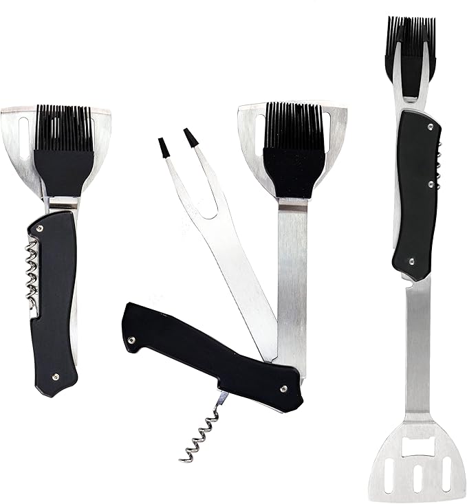 Iconikal 4-in-1 Folding Collapsible Swiss Camping Grilling Tool, Turner, Brush, Fork, Corkscrew