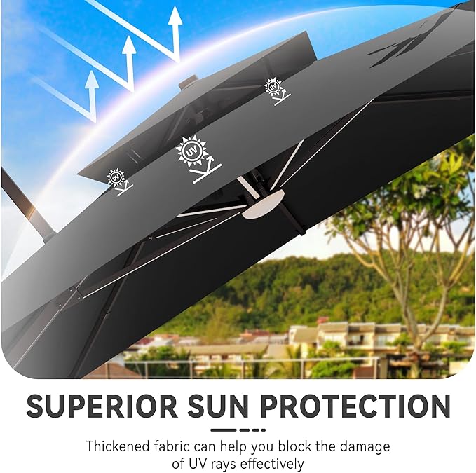 10x13 FT Cantilever Patio Umbrella with Base and Led Lights Double Top Outdoor Rectangular Large Heavy Duty Aluminum Offset Umbrellas with 7 Level Tilt 360-degree Rotation for Pool Garden Deck, Grey