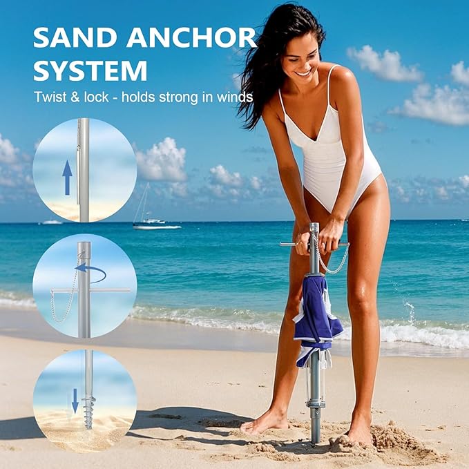 wikiwiki 7ft Beach Umbrella featuring a built-in table, UPF 50+ Protection Beach Umbrellas for Sand with Sand Anchor & Tilt, with Carry Bag and Hook, Dark Blue Stripes