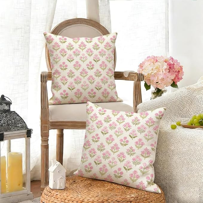 RABUSOFA Pink Vintage Floral Summer Pillow Covers Set of 2,Seasonal Flower Oudtdoor Decorative Throw Cuchion Cases Spring Summer Decorations for Home Patio Couch Decor 20x20 Inch