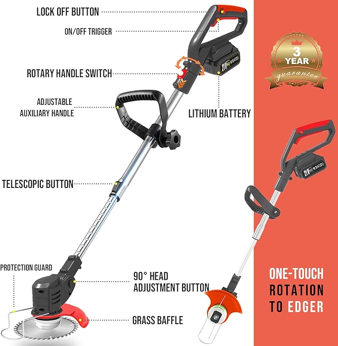 Electric Weed Wacker, 21V Cordless Weed Eater Battery Powered with 2X 2.0Ah Batteries, Charger and Metal Blade, 3 in 1 Lightweight Electric Weed Grass Trimmer Brush Cutter Edger for Lawn Yard Garden