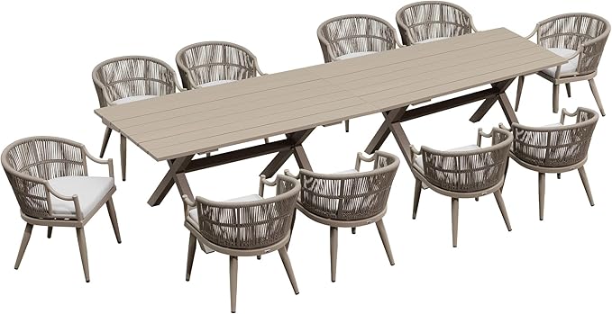 PURPLE LEAF 12 Pieces Outdoor Dining Set All Weather Wicker Patio Dining Set with Rectangular Aluminum Table and Modern Armrest Dining Chairs for Garden Deck Backyard Kitchen, Champagne
