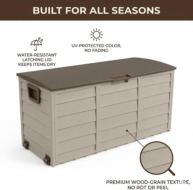 75 Gallon Outdoor Storage Box, 260L Waterproof Resin Deck Box for Patio Furniture Cushions, Garden Tools and Yard Accessories, Lockable Storage Chest with Wheels and Handles (Brown)