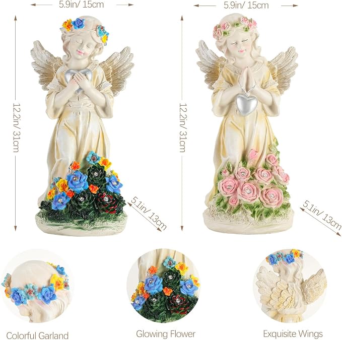 Angel Garden Statue 2Pcs,Love Heart Solar Decor with Warm Light | Waterproof Praying Angel Statue with Flowers,Outdoor Garden Decor Sculpture for Lawn Yard Patio Garden Present, Apricot