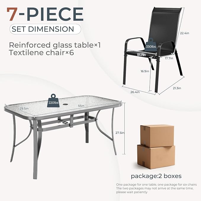 TLSUNNY Patio Dining Set for 6, Outdoor Table and Chairs W/1.69″ Umbrella Hole, 30"X 55" Table and Stackable Textilene Chair, All Weather Patio Furniture Set (Grey Table & Black Chair)