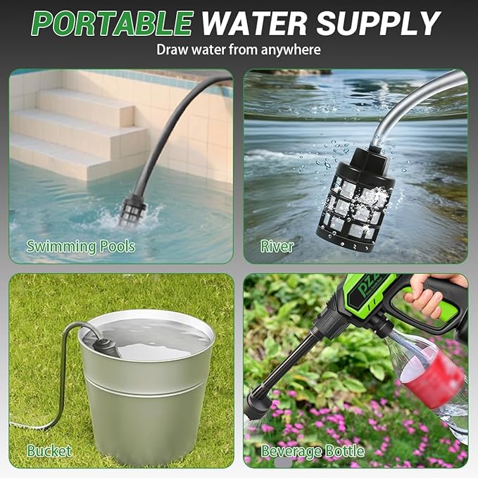 PZZ Cordless Pressure Washer, 1000 PSI Portable Power Cleaner with Dual 18.5V Batteries, 6-in-1 Nozzle & 17FT Hose, Lightweight Battery Powered Car Washer for Patio, Garden & Outdoor Cleaning (Green)