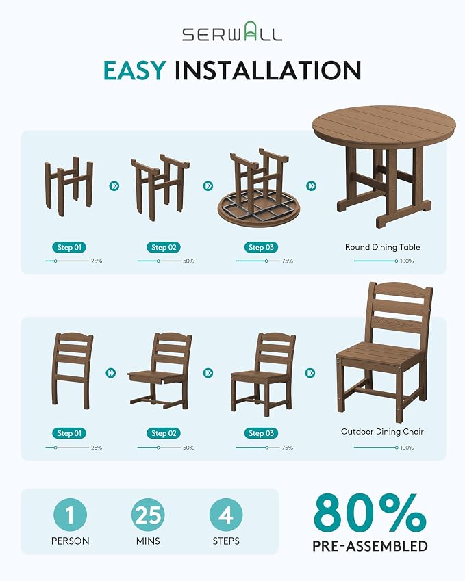 SERWALL 6-Piece Patio Dining Sets, HDPE Outdoor Table and Chairs Furniture Set with Umbrella, 45" Round Dining Table & 4 Armless Dining Chairs & 1 9FT Umbrella, Brown(Not Include Umbrella Base)