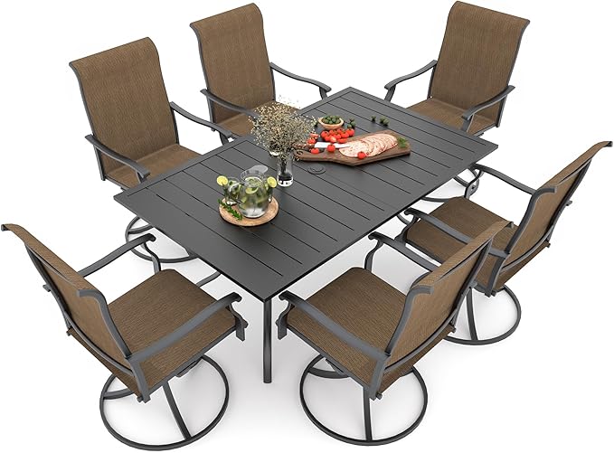 Anmutig 7-Piece Outdoor Dining Set, 6 Swivel Chairs＆63‘’ Rectangular Table All Weather Frame Furniture Set - Brown Style1