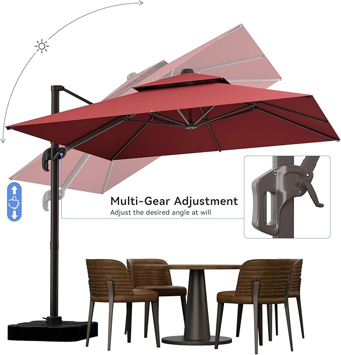 10x10FT Red Cantilever Outdoor Patio Umbrella with Base, Large Square Offset Design, Double Top Heavy Duty Aluminum Frame & 360° Rotation for Pool Garden Deck Backyard