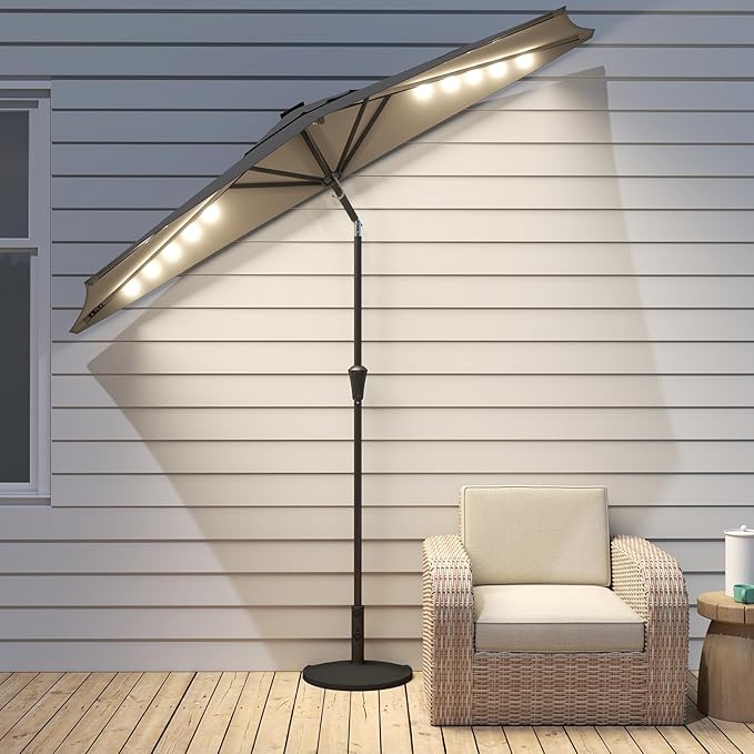 Helios&Hestia 9 ft Small Half Round Solar Powered Wall Outdoor Market Patio Umbrella with LED Lights and Tilt for Garden, Deck, Balcony