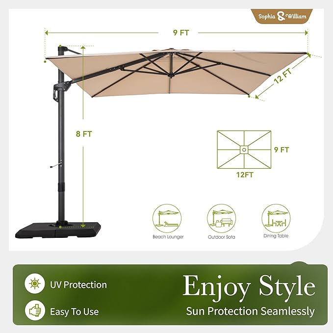 Sophia & William Cantilever Patio Umbrella 9x12ft, Large Outdoor Umbrellas with Crank Handle, 6-Level Tilt and 360° Rotation, Windproof Crashproof Design for Pool Garden Backyard with Base (Beige)