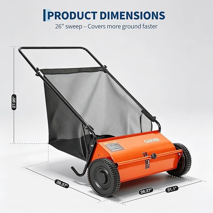 Garvee 26 Inch Push Lawn Sweeper, Walk Behind Leaf Grass Collector with 7 Cu ft Hopper Bag, Carbon Steel Frame, Yard Sweeper with Adjustable Brush Height for Garden Patio Driveway Leaves Cleanup