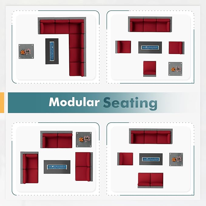 8 Pieces Outdoor Patio Furniture Set with 45” Propane Gas Firepit Table, Grey Wicker Patio Sectional Sofa Set, Outdoor Couch with Cushion and Tempered Glass Table, Red