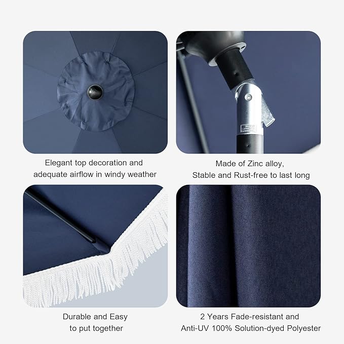Tempera 9ft Auto Tilt Patio Umbrellas with Fringe, Outdoor Market Umbrellas with Fade Resistant Canopy, 8 Sturdy Rids, Luxurious Vintage Umbrellas for Lawn, Pool, Deck, Balcony