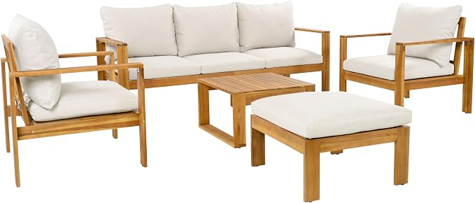 KLMM Outdoor 5pcs Acacia Sectional Patio Sofa Set with Cushions,for Patio Balcony Garden (Beige+Grey,Teak-AS)
