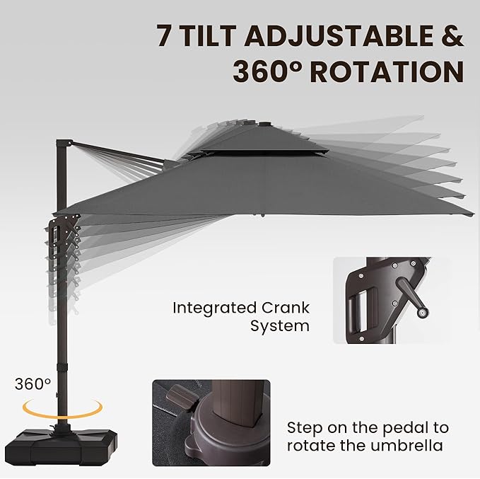 9 X 12 FT Cantilever Patio Umbrella with Led Lights Outdoor Heavy Duty Double Top Rectangle Offset Umbrellas with 360-degree Rotation for Pool Deck Backyard, Grey