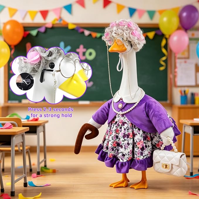 Old Lady Porch Goose Outfits for 23 inch Goose Statue, Grandma Porch Goose Clothes with Goose Wigs, Eyeglass, Pearl Necklace & Bag for Outdoor, Lawn, Yard, Patio, Garden Decor