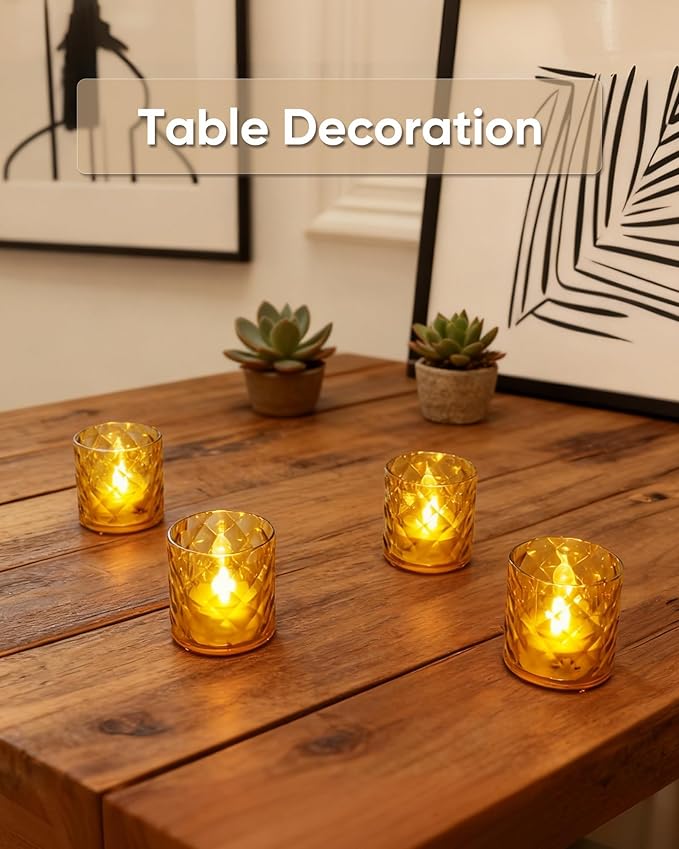 Homemory 2" x 2" Acrylic Votive Candle Holders with Auto Timer Flameless Led Tealight, Battery Powered Fake Electric Candles for Wedding Centerpiece, Table, Christmas Decor (6Pack, Gold Base)