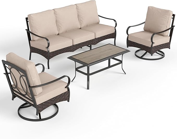 PHI VILLA Outdoor Modern Patio Furniture Set, Upgraded Wicker & Metal Patio Furniture Conversation Set with Waterproof Thick Cushions for Porch, Poolside, Yard (4 Pieces,Beige)