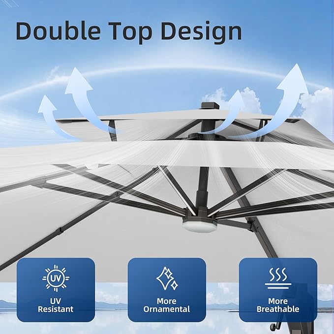 10x13 FT Patio Umbrella with LED Lights Cantilever Outdoor Large Heavy Duty Rectangle Aluminum Offset Umbrellas Double Top 360 Rotation 7 Tilt Adjustment for Pool Deck Garden, Fog grey
