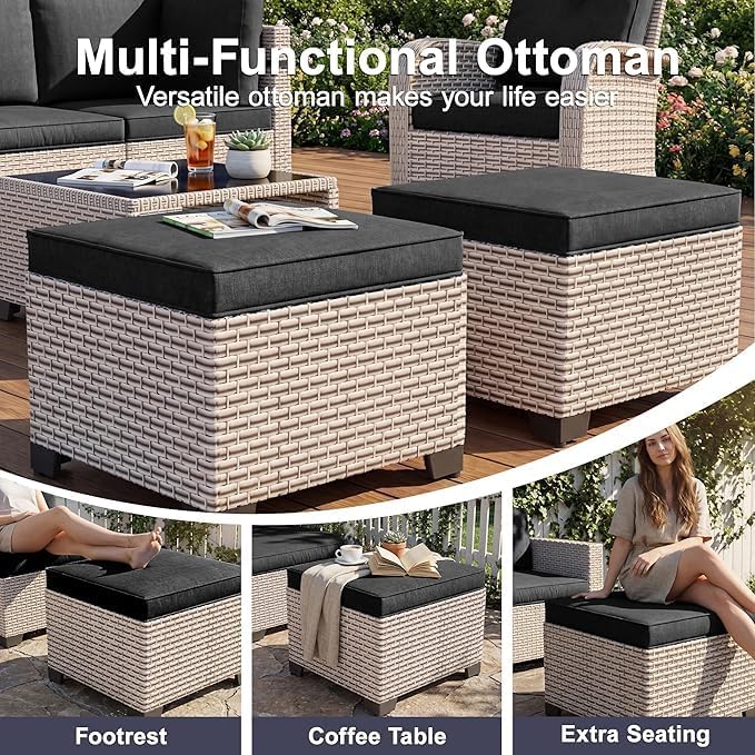 Patio Furniture Set, 10-Piece Outdoor Sectional Sofa with 60,000 BTU Fire Pit Table & Ottomans, Wicker Patio Conversation Set with Coffee Table, Black Cushions