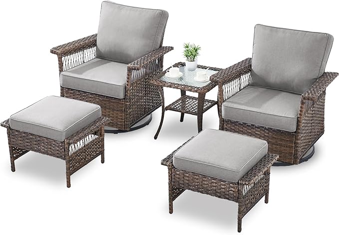 Outdoor Wicker Patio Furniture Set - 5 Piece Rattan Patio Conversation Sets with 2 Swivel Rocking Chairs,2 Ottomans and 1 Side Table for Porch Deck Garden(Brown/Grey)