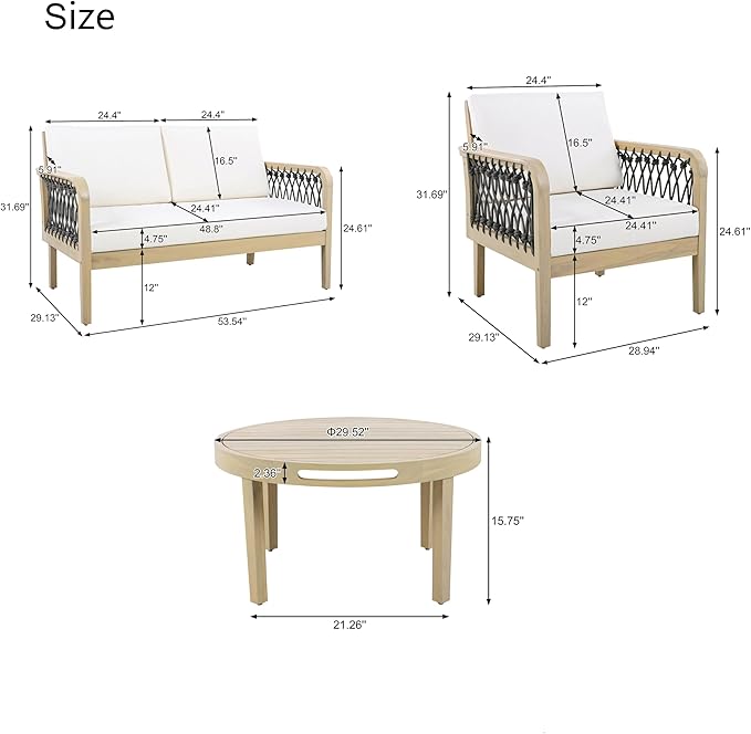 Merax 4-Piece Outdoor Acacia Wood Patio Conversation Set, 2 Club Chairs + Loveseat & Coffee Table with Handwoven Rope & Cushions, Furniture Set for Garden, Balcony, Poolside, Light Teak