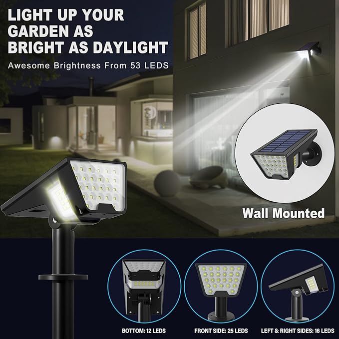 Latband Solar Spot Lights Outdoor, 53 LEDs IP65 Waterproof Solar Lights Outdoor, 2-in-1 Solar Landscape Spotlight Wall Light with Auto On/Off & 3 Modes for Yard Garden Decor 2 Pack (Cool White)