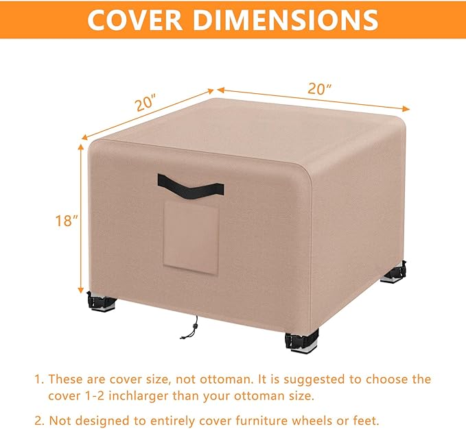 Kovshuiwe Outdoor Waterproof Patio Ottoman Cover 2Pcs-20"L x 20"W x 18"H, Heavy Duty Outdoor Furniture Cover with Padded Handles,Khaki
