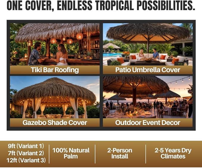 amaZulu Tiki Thatch Umbrella Cover 7ft – Hand-Woven Mexican Palm Leaf, Natural Tiki Bar & Patio Shade Cap, Fits Standard Commercial Grade Metal Frame Umbrellas, Lasts 2–5 Years in Dry Climates