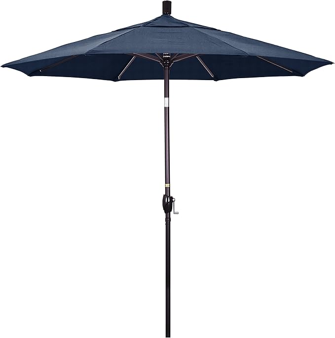 California Umbrella 7.5' Round Aluminum Market Umbrella, Crank Lift, Push Button Tilt, Bronze Pole, Sunbrella Spectrum Indigo
