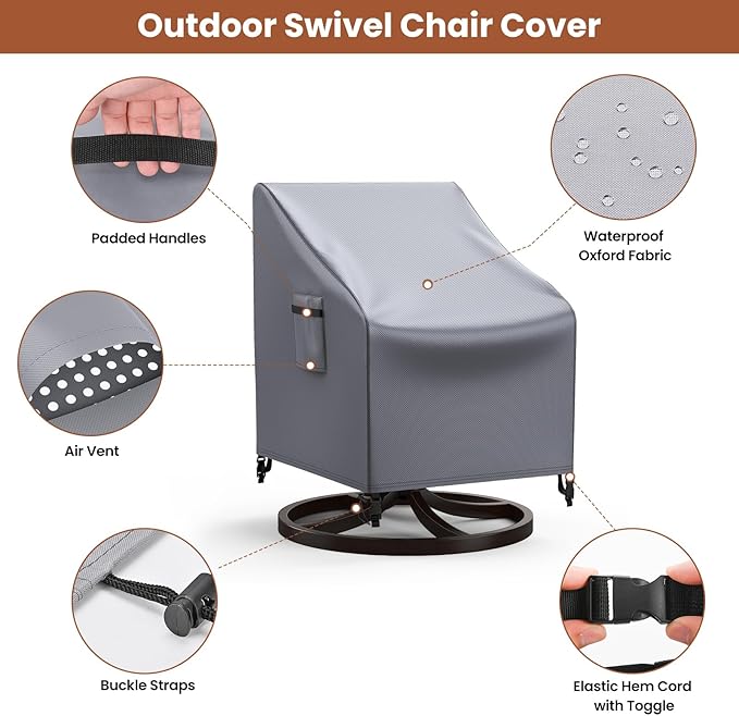 Mrrihand Patio Chair Covers, 2 Pack Outdoor Swivel Lounge Chair Cover, Heavy Duty Patio Rocking Chair Covers, Patio Furniture Covers Waterproof, 30" W×34" D×38.5" H, Grey