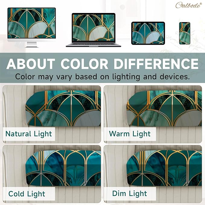 CALBODE 8Pcs Stretch Patio Cushion Cover, Art Deco Geometric Pattern Couch & Sofa Slipcovers for Patio Furniture Cushions Washable Reusable Couch Covers Replacement for All Season(Green, Cover Only)