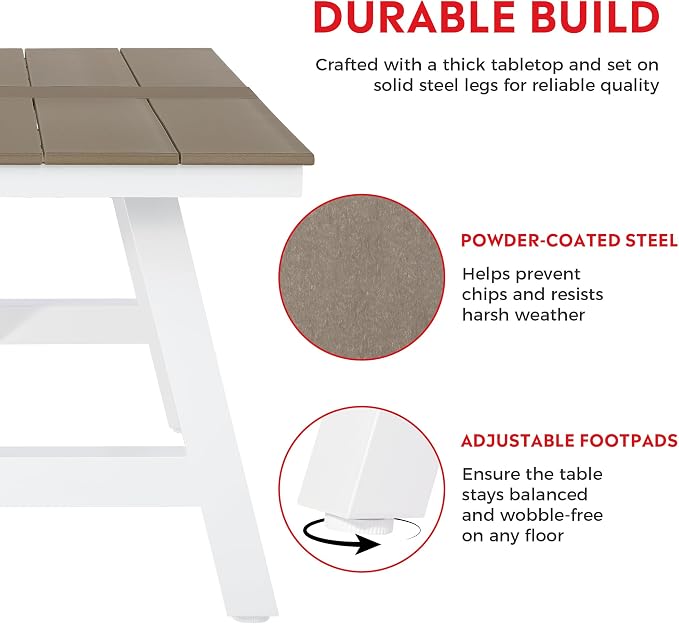 Costaelm Outdoor Dining Tables for Patio, 72" Rectangle 6-Person HDPE Dining Table with Umbrella Hole and Metal Frame for Outside, Garden, Poolside, Backyard, Porch, Balcony, Weathered Wood