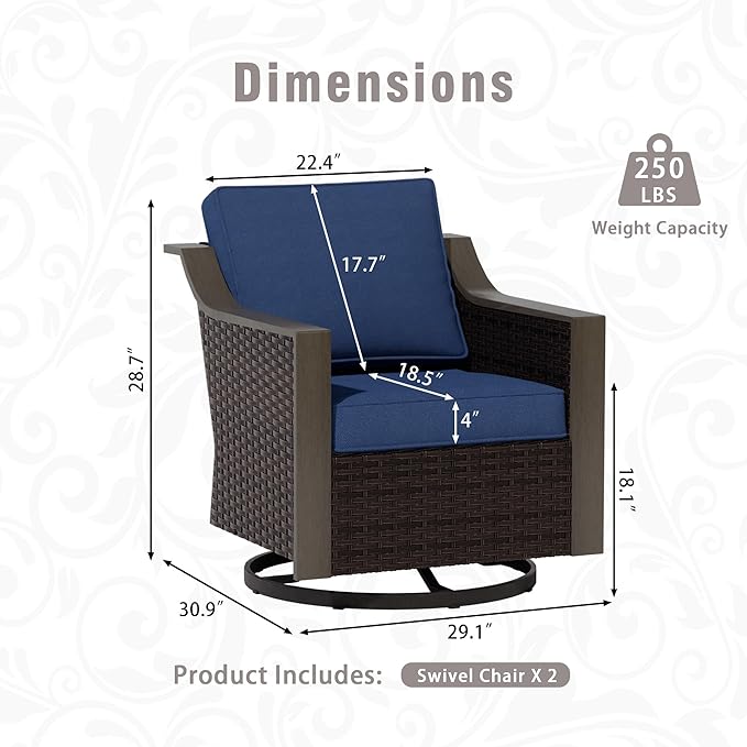 Outdoor Wicker Swivel Chair Set of 2, All-Weather Use Patio Rattan Chair with Removable Water-Resistant Cushion, Ideal for Porch, Backyard, Balcony, Poolside, Blue