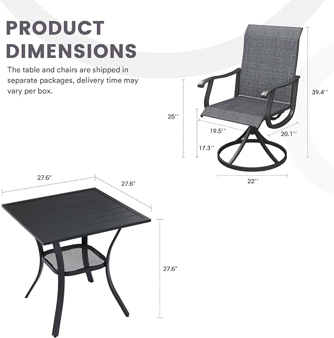 3 Pieces Patio Furniture Dining Set, 2 Textilene Swivel Dining Chairs, 28" Outdoor Square Metal Table with Storage Shelf, Outdoor Dining Set for Porch, Lawn, Garden, Black/Black