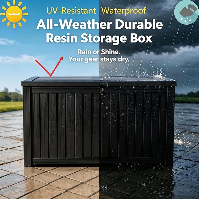200 Gallon Waterproof Deck Box, Large Resin Outdoor Storage Box for Patio Cushion Storage, Pool Accessories & Garden Tools, 880 Lbs Load Capacity Storage Bins – Lockable Lid, Black