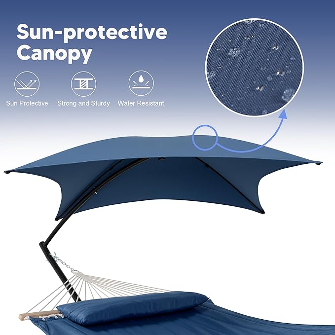 SUNCREAT Hammocks for Outside with Stand, Sunshade, Porch Hammock and Stand, 475 lbs Capacity, Patent Pending, Navy